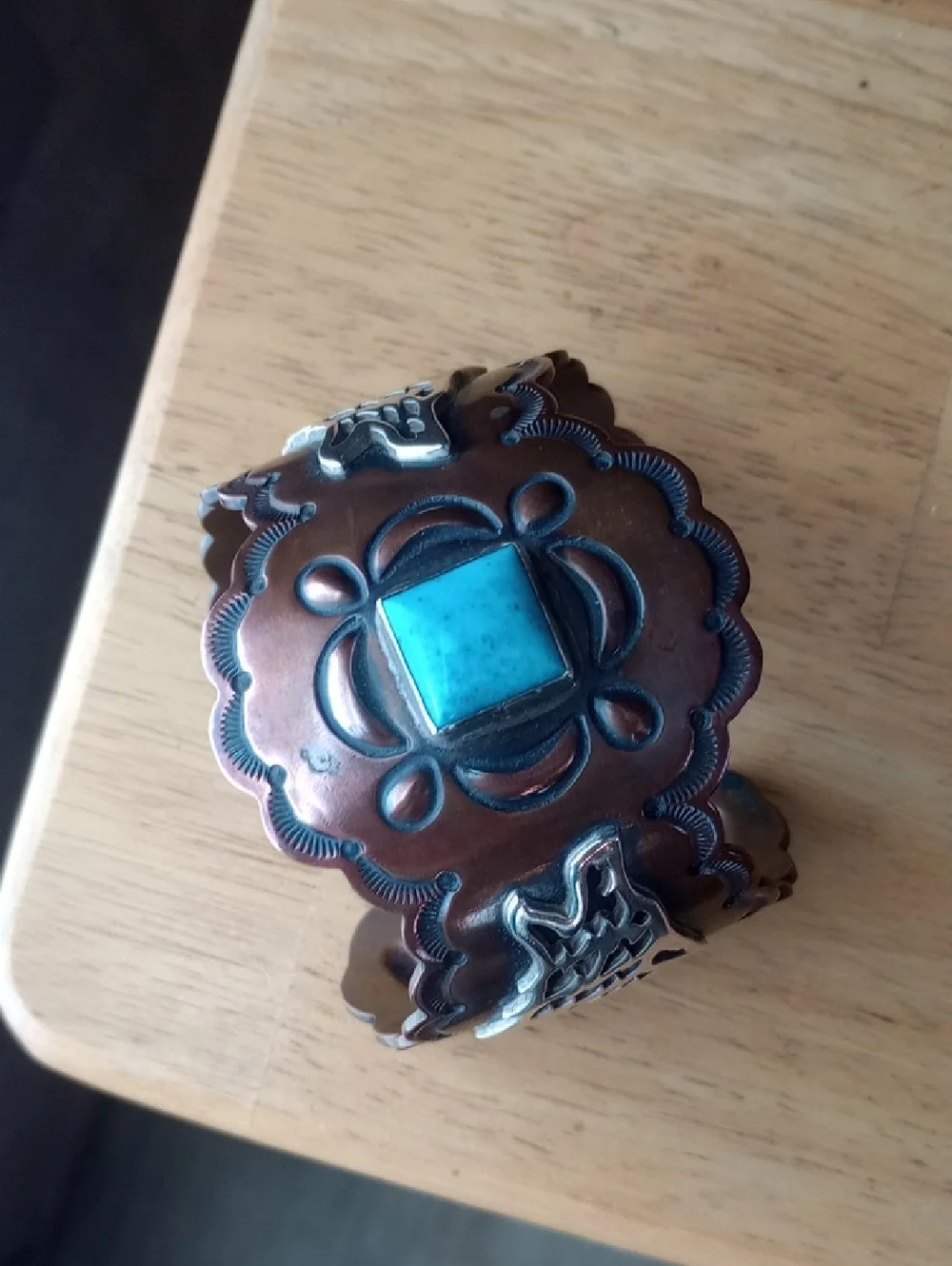 Copper Silver Turquoise Wolf Cuff